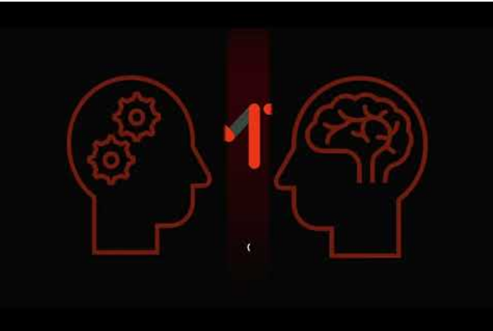 Two heads facing each other, one with gears, and one with brain iconography